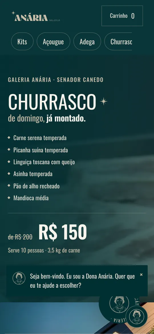 Loja da Galeria Anária no celular, com a assistente Dona Anária