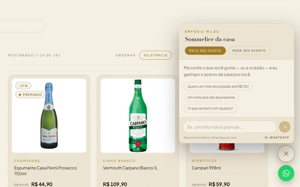 Catálogo do Empório Milão com o sommelier de IA aberto